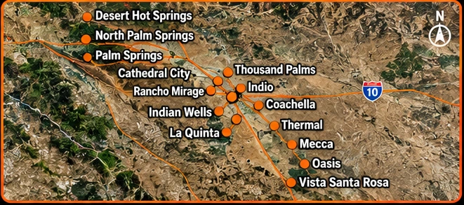 Illustrative Coachella Valley service area overview; refer to the city list for coverage